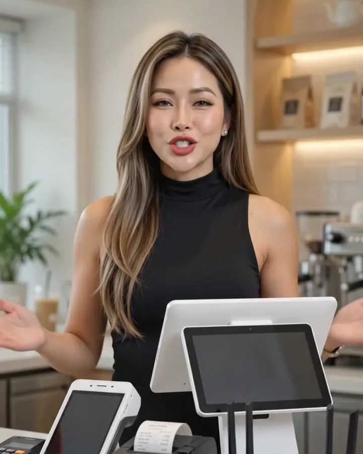 Bộ POS với máy cầm tay, máy in, màn hình và router trên quầy